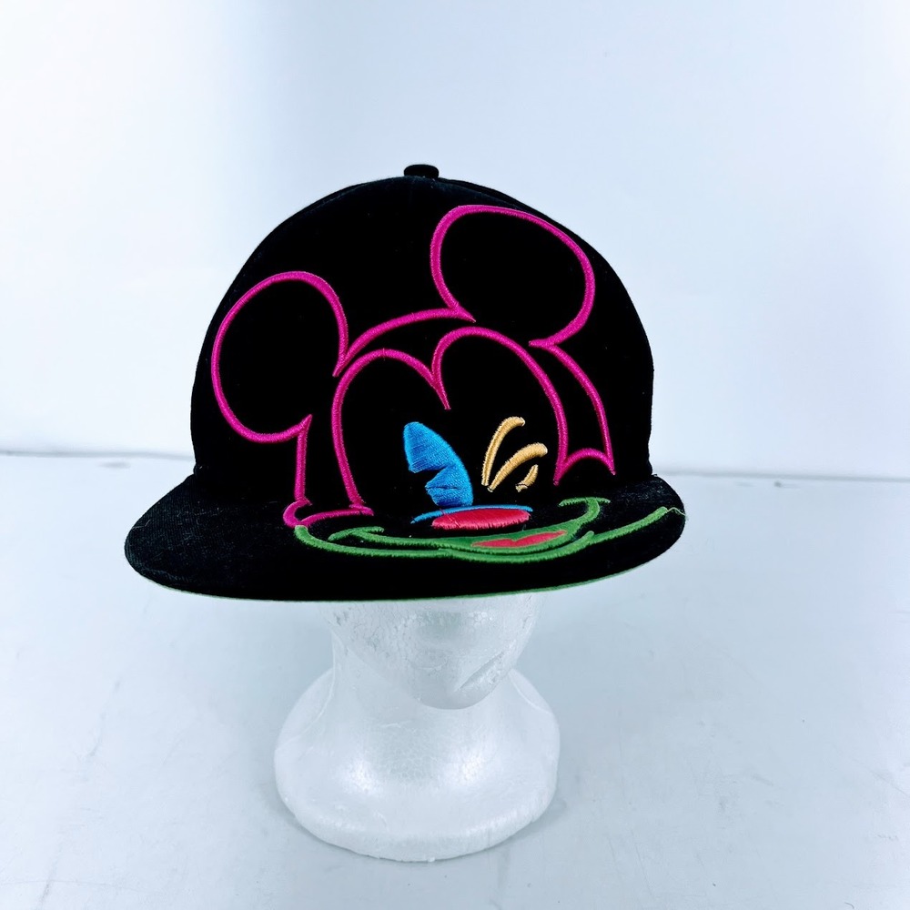 Disney Mickey Mouse Neon Embroidered Black Snapback Hat Flat Brim RN 109028
